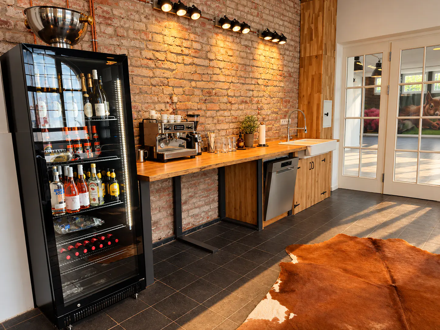 Bar with espresso machine, drinks fridge and brick wall