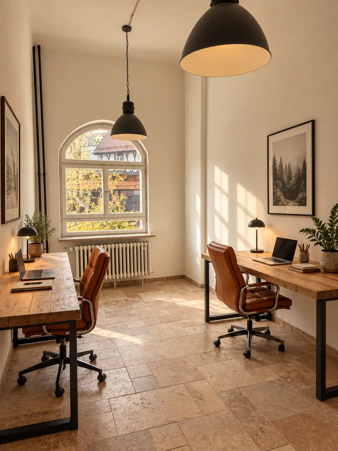 Private office with two wooden desks, leather chairs and an arched window
