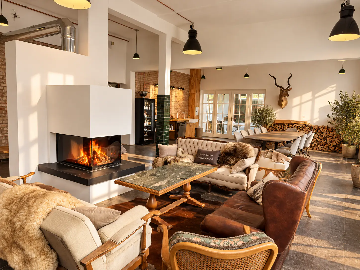 Fireplace lounge with leather sofas, furs and an open fire
