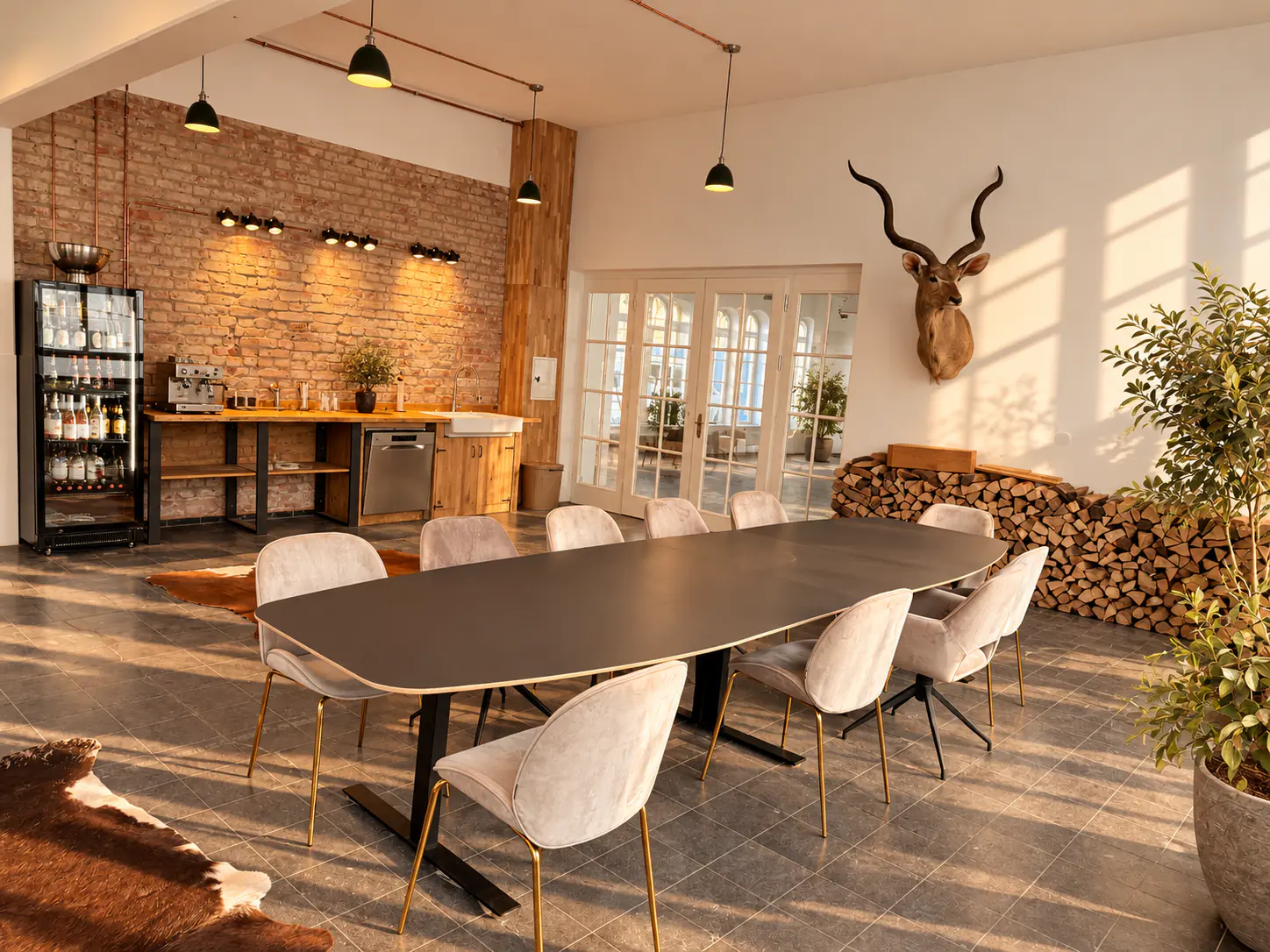 Long shared work table in the coworking space, with the bar behind it